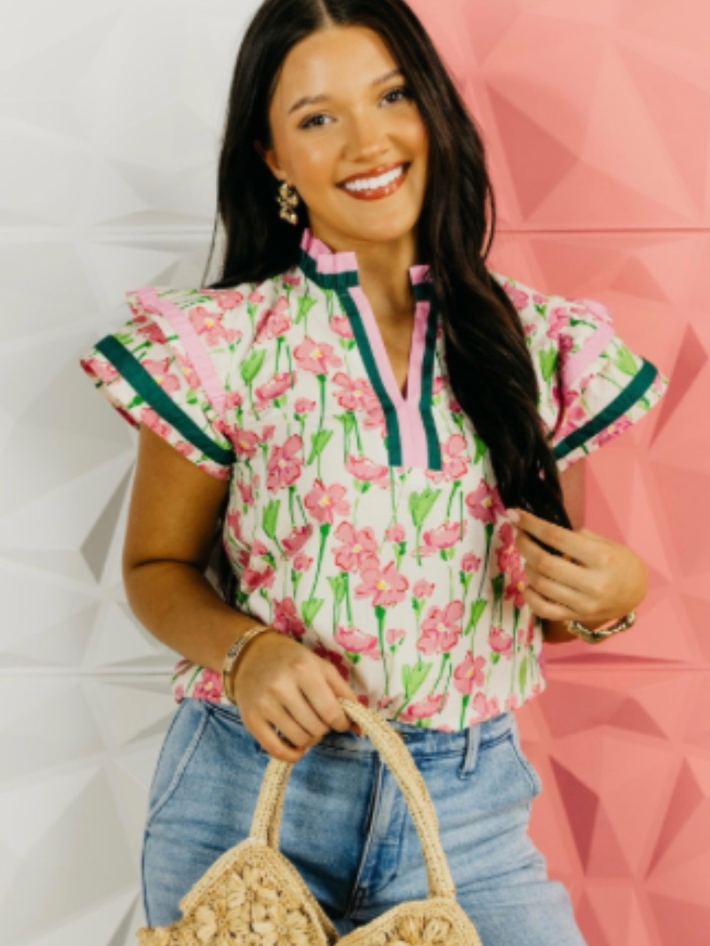 Floral Pink and Green Split-Neck Flutter Sleeve Top